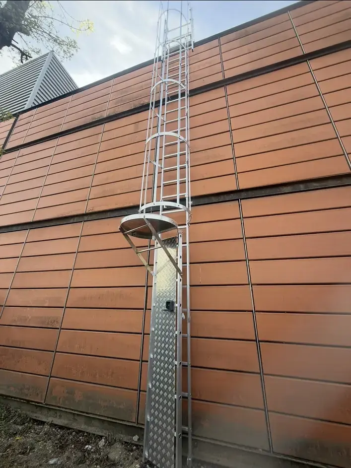 Échelle à crinoline installée sur une façade industrielle